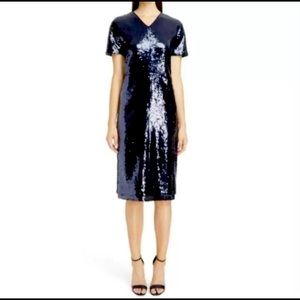 Victoria, Victoria Beckham Navy Sequin Shift Dress UK10 / US 6 V-Neck